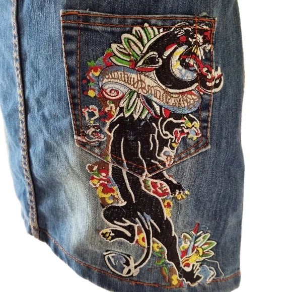 Christian Audigier Mini Denim Y2K Embroidered Panther Skirt Size 31 (Size 12) - Picture 10 of 13
